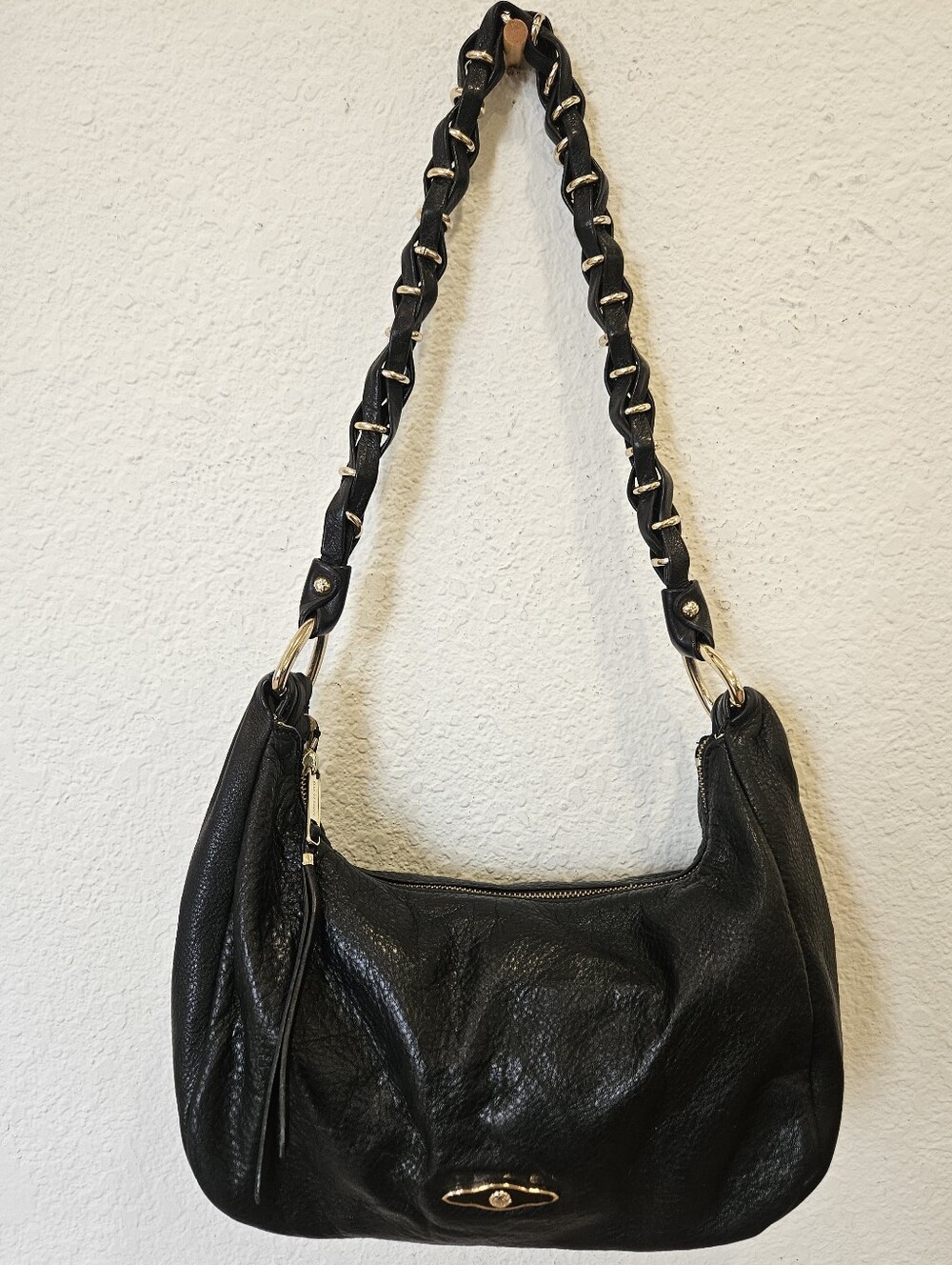 Elliott Lucca Black Leather Chainlink Crescent Shoulder Bag